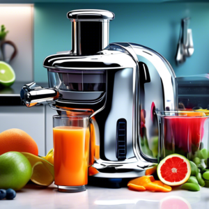 A top-of-the-line, futuristic chrome juicer with glowing lights, surrounded by an assortment of fresh fruits and a glass of colorful juice on a sleek countertop.