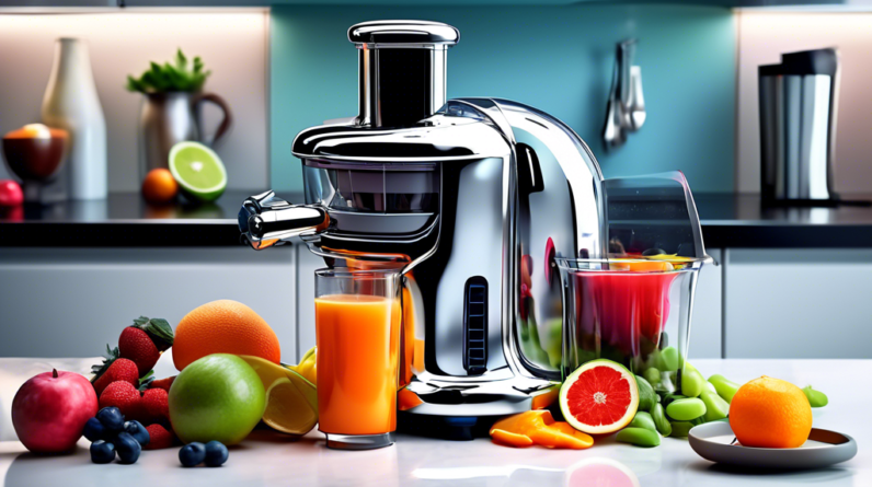 A top-of-the-line, futuristic chrome juicer with glowing lights, surrounded by an assortment of fresh fruits and a glass of colorful juice on a sleek countertop.