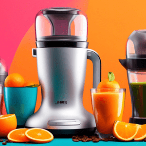 A sleek, modern kitchen appliance with multiple attachments, blending a smoothie, grinding coffee beans, and juicing oranges, with a bright, colorful background.