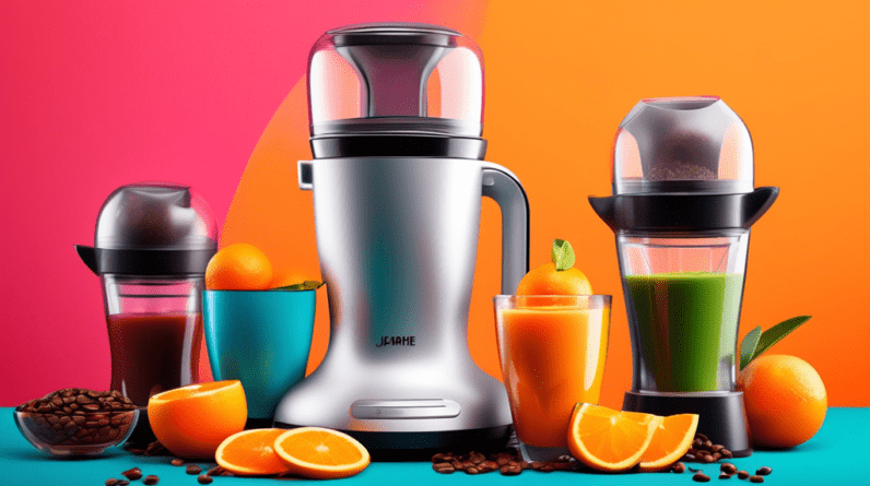 A sleek, modern kitchen appliance with multiple attachments, blending a smoothie, grinding coffee beans, and juicing oranges, with a bright, colorful background.