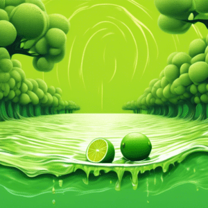 A lime green citrus fruit, split open, with flood waters rushing through it, against a backdrop of a devastated orchard.