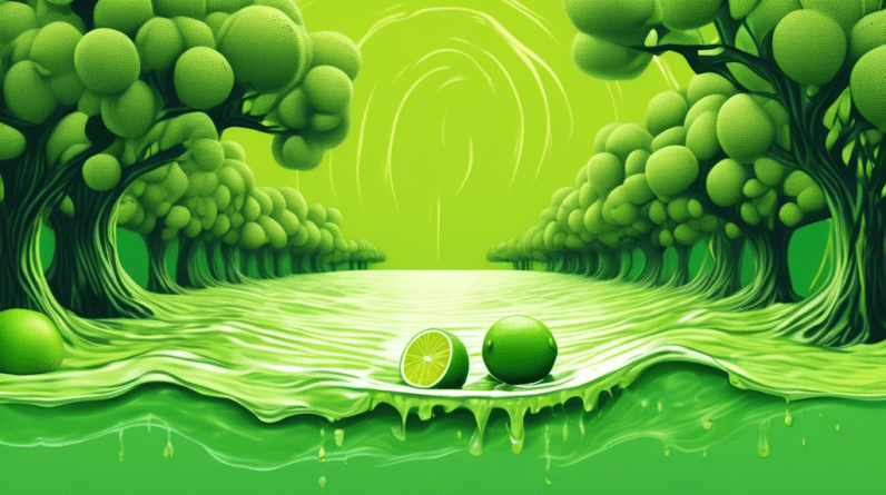 A lime green citrus fruit, split open, with flood waters rushing through it, against a backdrop of a devastated orchard.