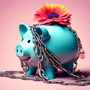 A piggy bank wrapped in chains, with a wilting flower growing out of its slot.