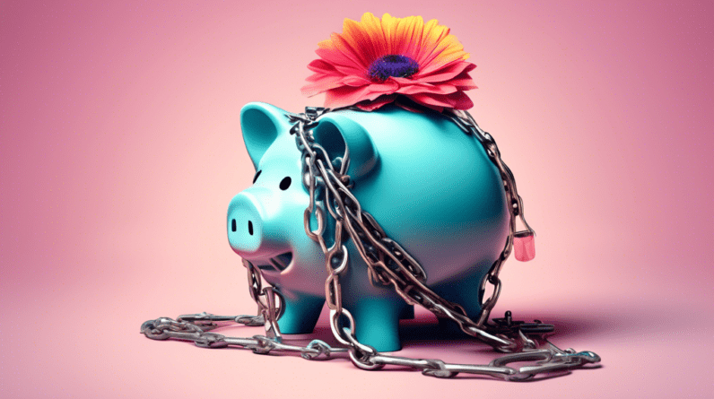 A piggy bank wrapped in chains, with a wilting flower growing out of its slot.