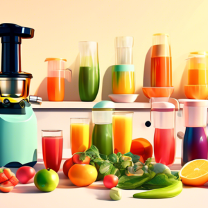 A colorful countertop with different types of juicers, overflowing with fresh fruits and vegetables, bathed in warm sunlight.