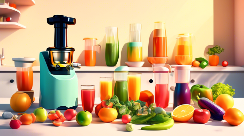 A colorful countertop with different types of juicers, overflowing with fresh fruits and vegetables, bathed in warm sunlight.