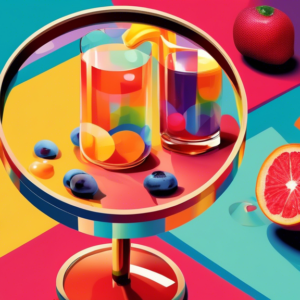 A magnifying glass hovering over a glass of colorful fruit juice, with a question mark made of vitamins and minerals behind it.