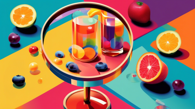 A magnifying glass hovering over a glass of colorful fruit juice, with a question mark made of vitamins and minerals behind it.