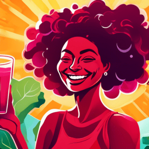 A vibrant illustration of a woman named Bani surrounded by fresh beets, leafy greens, and a glowing summer sun, holding a glass of bright red beet juice with a big smile.