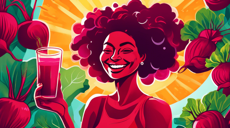 A vibrant illustration of a woman named Bani surrounded by fresh beets, leafy greens, and a glowing summer sun, holding a glass of bright red beet juice with a big smile.