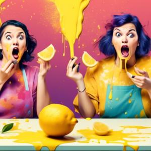 Two women with surprised expressions, attempting to juice a lemon with a butter knife, splattering juice everywhere, comedic, morning show set