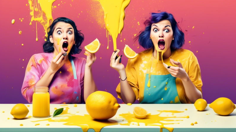 Two women with surprised expressions, attempting to juice a lemon with a butter knife, splattering juice everywhere, comedic, morning show set