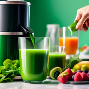 A hand reaching for a glass of vibrant green cold-pressed juice with a masticating juicer in the background, surrounded by fresh leafy greens and fruits on a kitchen counter.