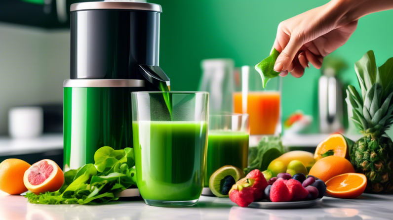 A hand reaching for a glass of vibrant green cold-pressed juice with a masticating juicer in the background, surrounded by fresh leafy greens and fruits on a kitchen counter.