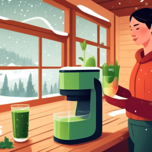 A person with rosy cheeks holding a green juice inside a cozy cabin with snow falling outside the window. In the background, an EcoHub juicer sits on a wooden counter.