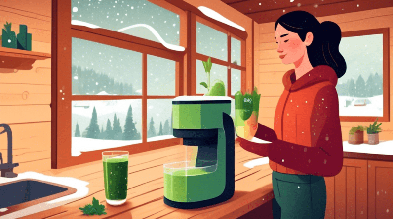 A person with rosy cheeks holding a green juice inside a cozy cabin with snow falling outside the window. In the background, an EcoHub juicer sits on a wooden counter.