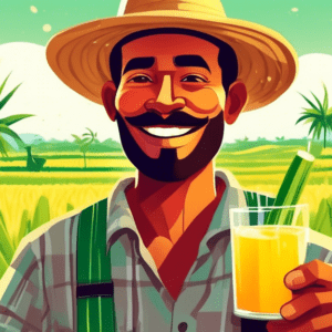 A farmer beaming with pride, holding a glass of fresh sugarcane juice with his farm and lush sugarcane field in the background.