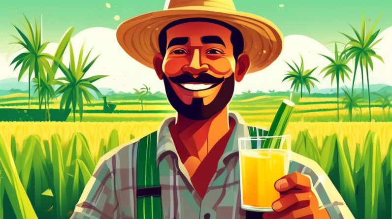 A farmer beaming with pride, holding a glass of fresh sugarcane juice with his farm and lush sugarcane field in the background.