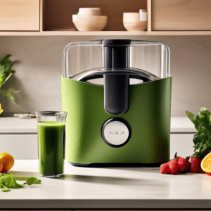 A sleek, modern kitchen counter with the Nama C2 Blender Juicer Combo prominently displayed, surrounded by fresh fruits, vegetables, and a glass of green juice. Price tag of $800 attached.