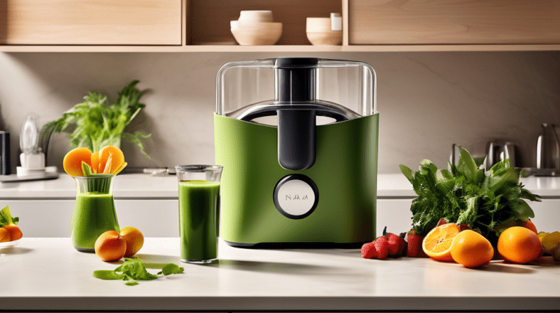 A sleek, modern kitchen counter with the Nama C2 Blender Juicer Combo prominently displayed, surrounded by fresh fruits, vegetables, and a glass of green juice. Price tag of $800 attached.