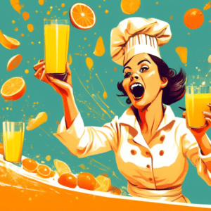 A surprised looking chef covered in orange juice with citrus fruits flying towards her.