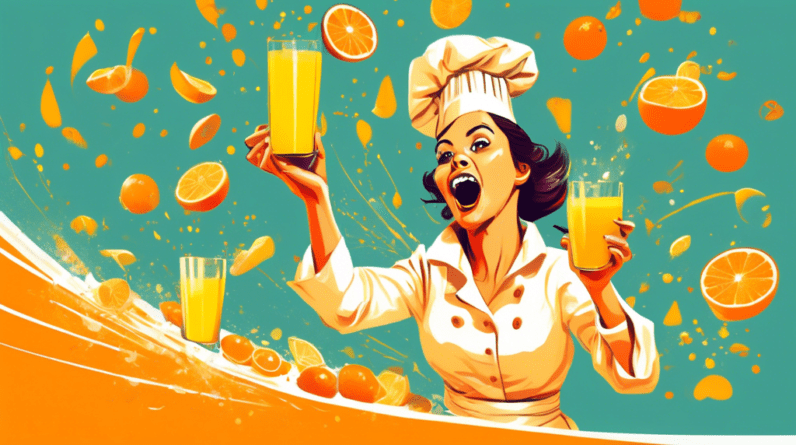 A surprised looking chef covered in orange juice with citrus fruits flying towards her.